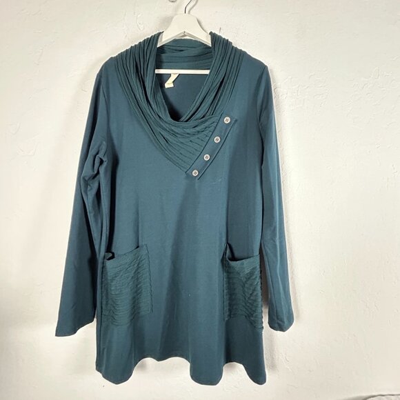 Chalet Womens Long-Sleeve Teal Cowl Neck Tunic Top with Pockets Medium Artsy - Picture 1 of 7
